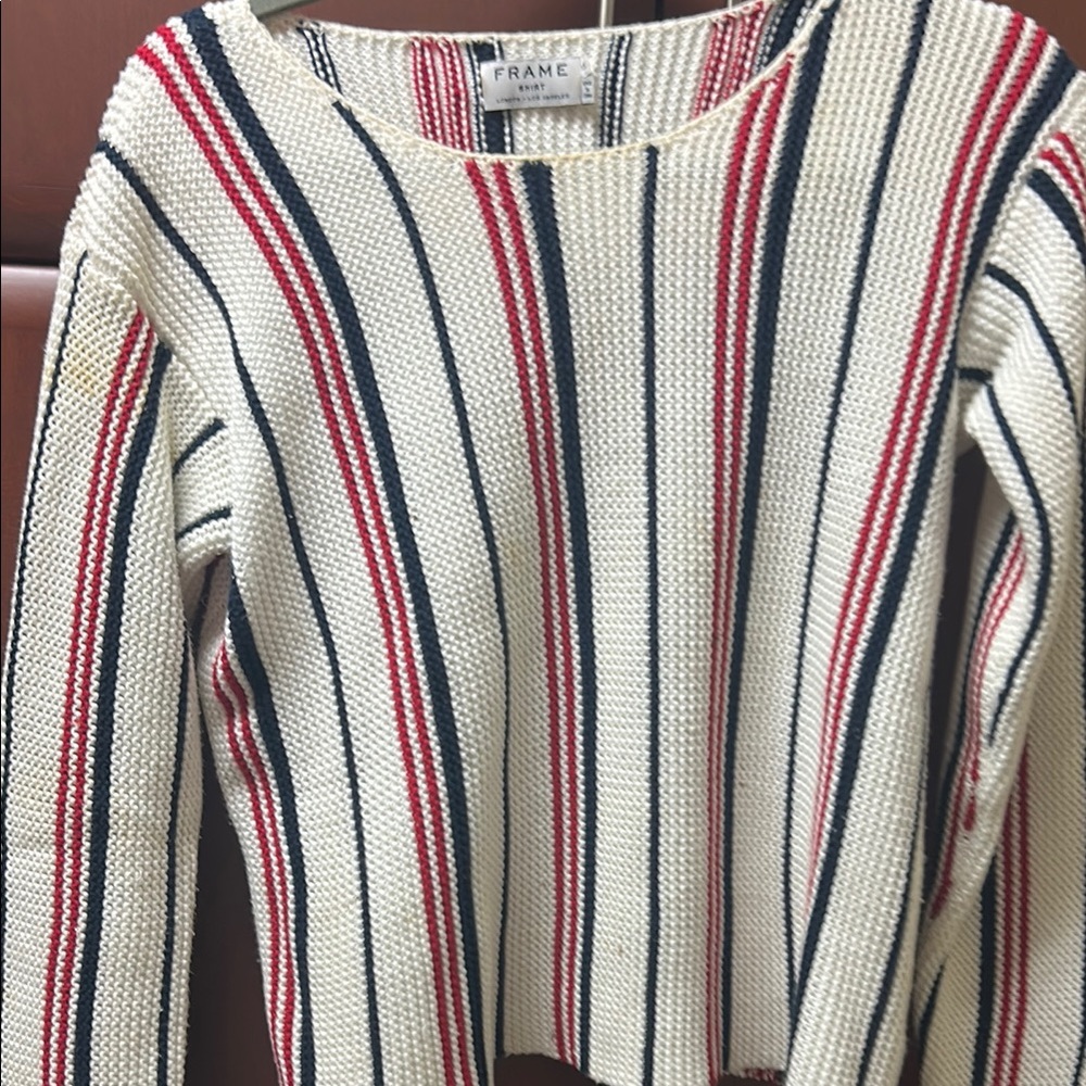 Frame Denim Cream and Red Crew Neck Sweater